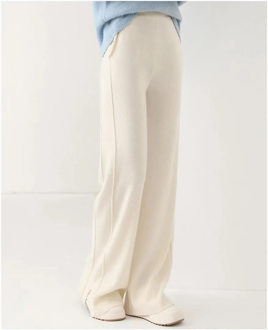 Women's 100% Wool Wide-Leg Pants Winter Mid-Waist Knit Straight-Leg Trousers Elastic Waist
