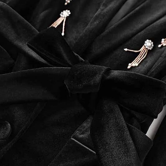 Women's Autumn/Winter Pantsuit Mid length Velvet Suit With Belted Elastic Waist Wide Leg Trouser Set Fashion Two Piece Set