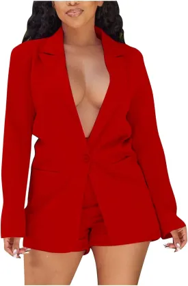 Women's Blazer Shorts Suit - Long Sleeves 2-Piece Set for Smart Office Formal Business Outfit