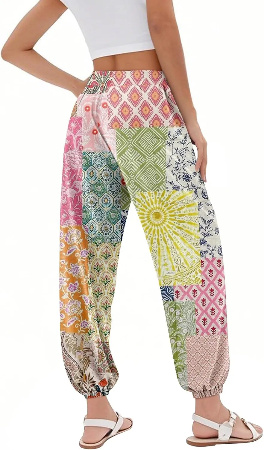 Women's Capri Pants Drawstring Lounge Summer Pants Wide Leg Plaid Trousers High Waisted with Pocket Baggy Outfit