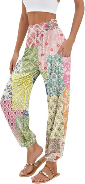 Women's Capri Pants Drawstring Lounge Summer Pants Wide Leg Plaid Trousers High Waisted with Pocket Baggy Outfit
