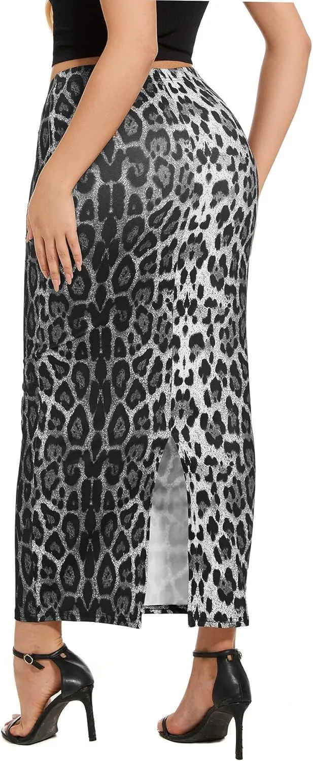 Women's Casual Back Split Maxi Skirts High Waist Leopard Print Bodycon Pencil Long Skirt