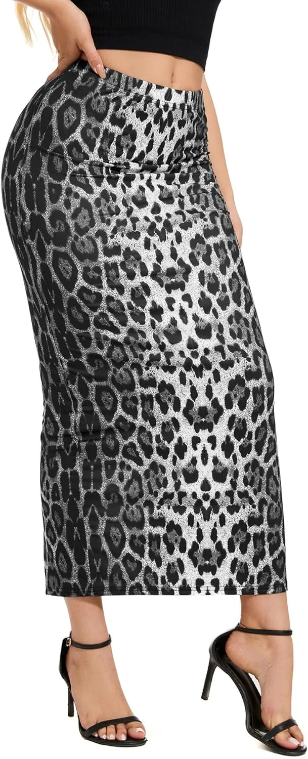 Women's Casual Back Split Maxi Skirts High Waist Leopard Print Bodycon Pencil Long Skirt