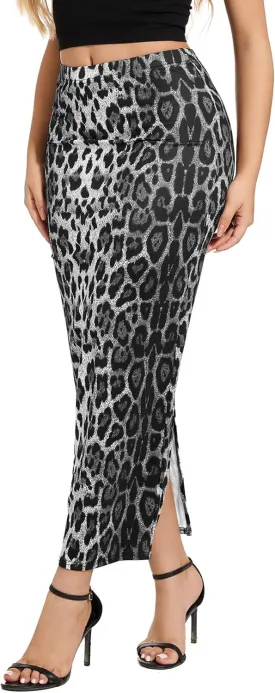 Women's Casual Back Split Maxi Skirts High Waist Leopard Print Bodycon Pencil Long Skirt