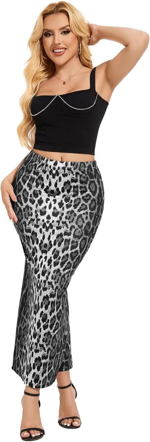 Women's Casual Back Split Maxi Skirts High Waist Leopard Print Bodycon Pencil Long Skirt