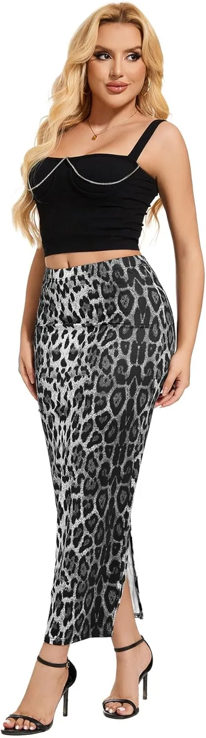 Women's Casual Back Split Maxi Skirts High Waist Leopard Print Bodycon Pencil Long Skirt