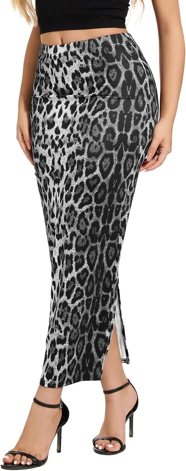 Women's Casual Back Split Maxi Skirts High Waist Leopard Print Bodycon Pencil Long Skirt