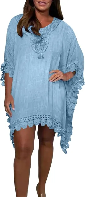 Women's Casual Vintage Boho V Neck 3/4 SleeveLoose Party Mini Plus Size Dress Summer Floral Print Flowy Beach Dress