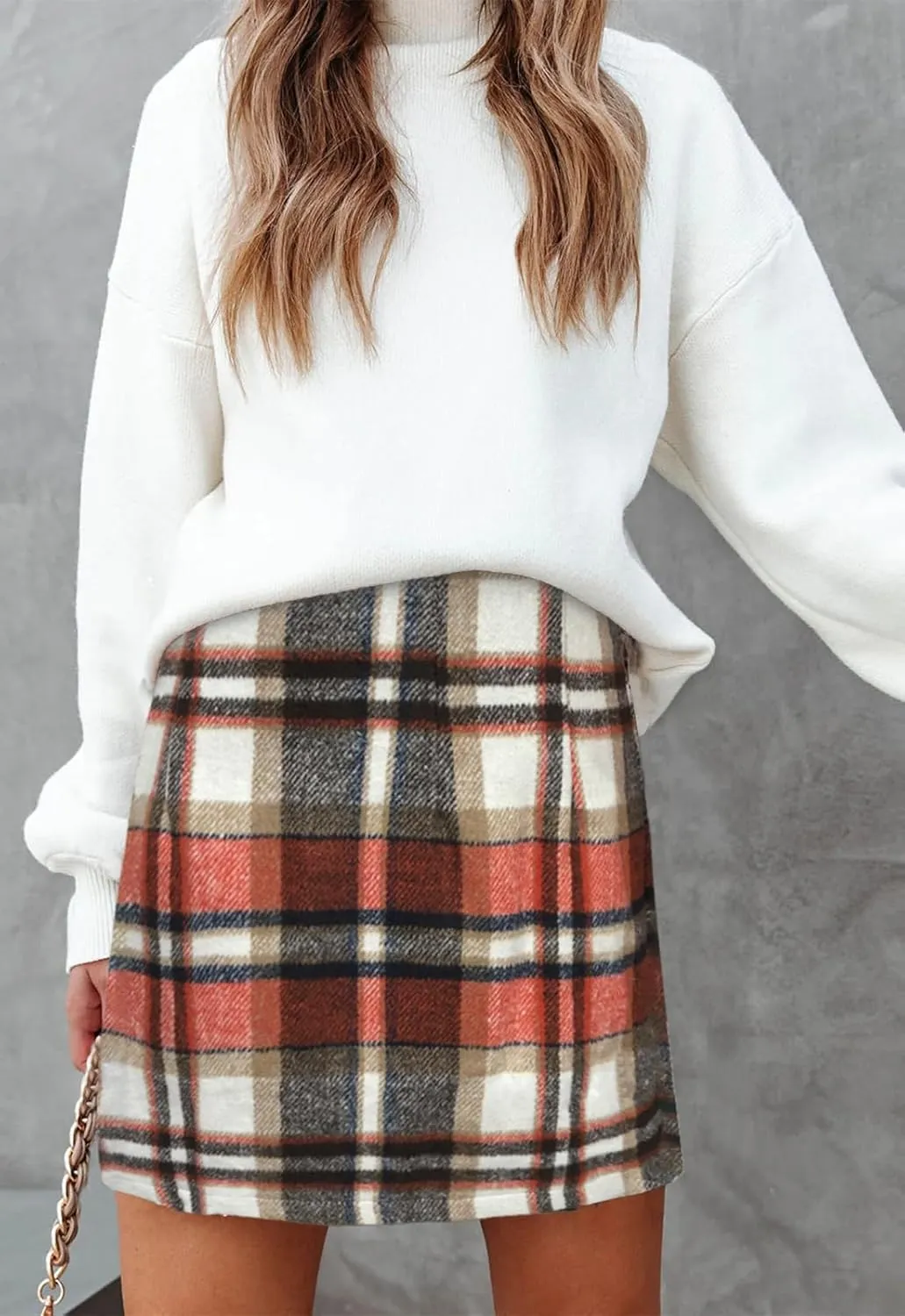 Women's Plaid Mini Skirt Pencil Above Knee Length High Elastic Waist Bodycon Zipper Vintage Short Skirts for Women