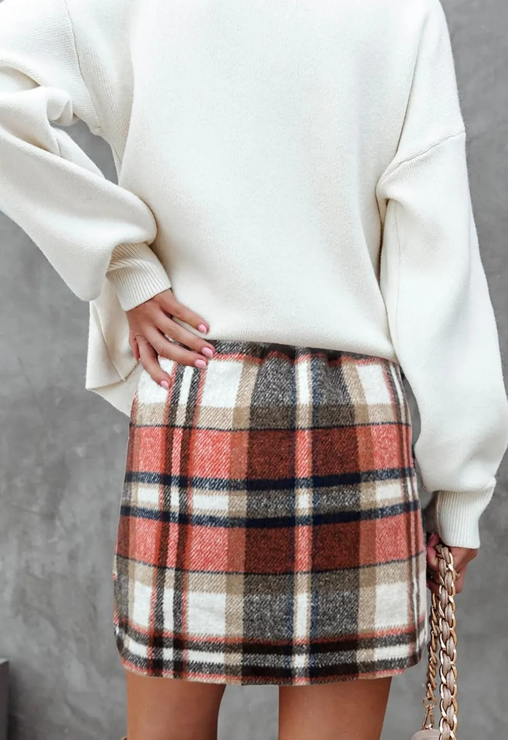 Women's Plaid Mini Skirt Pencil Above Knee Length High Elastic Waist Bodycon Zipper Vintage Short Skirts for Women