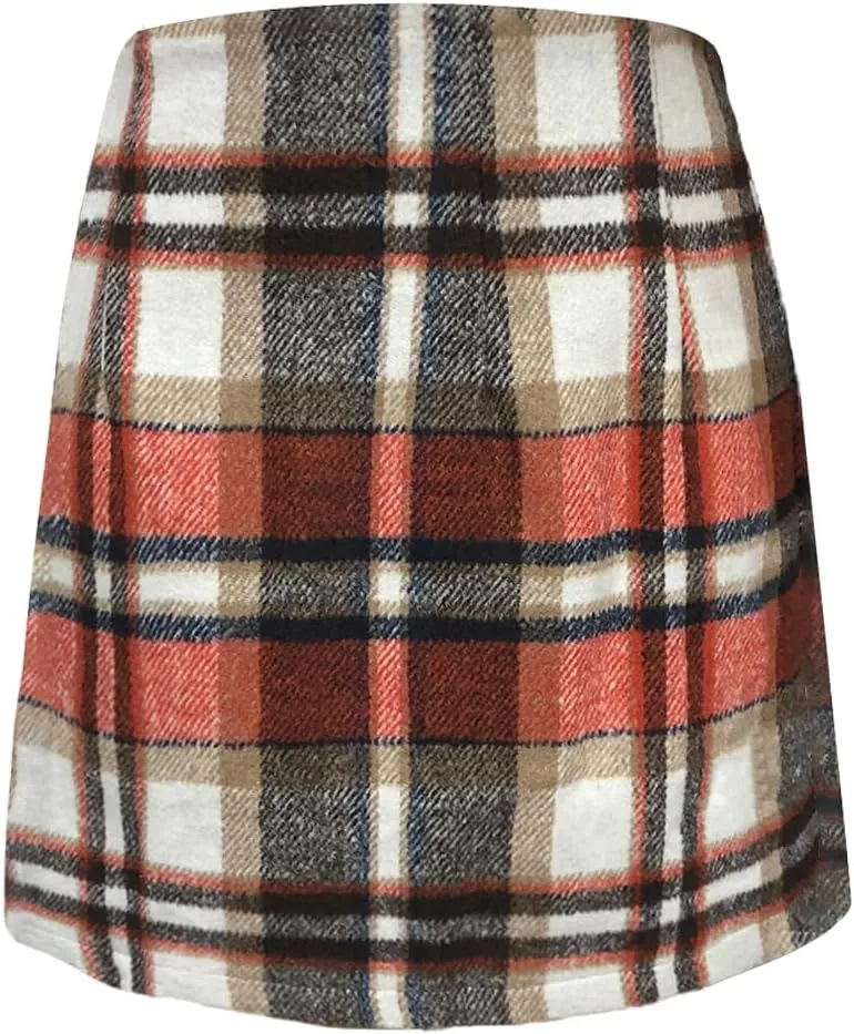 Women's Plaid Mini Skirt Pencil Above Knee Length High Elastic Waist Bodycon Zipper Vintage Short Skirts for Women