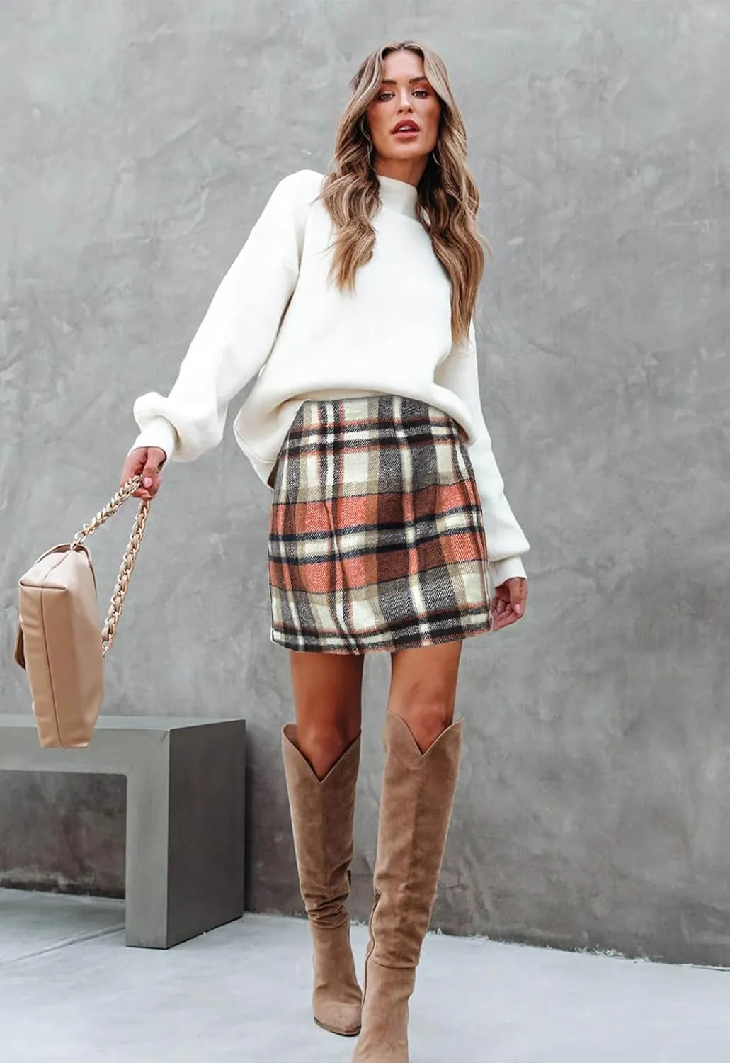 Women's Plaid Mini Skirt Pencil Above Knee Length High Elastic Waist Bodycon Zipper Vintage Short Skirts for Women