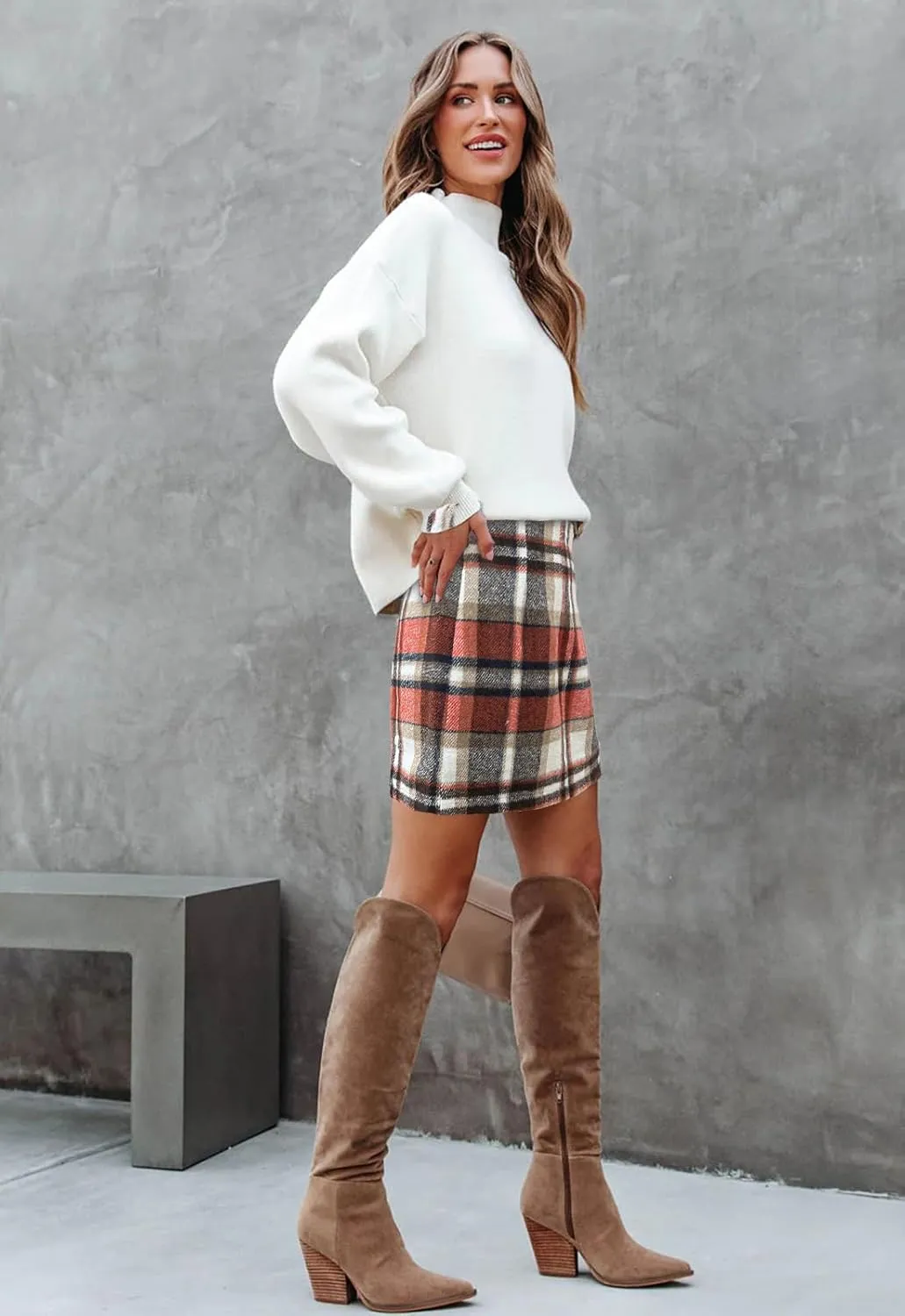 Women's Plaid Mini Skirt Pencil Above Knee Length High Elastic Waist Bodycon Zipper Vintage Short Skirts for Women