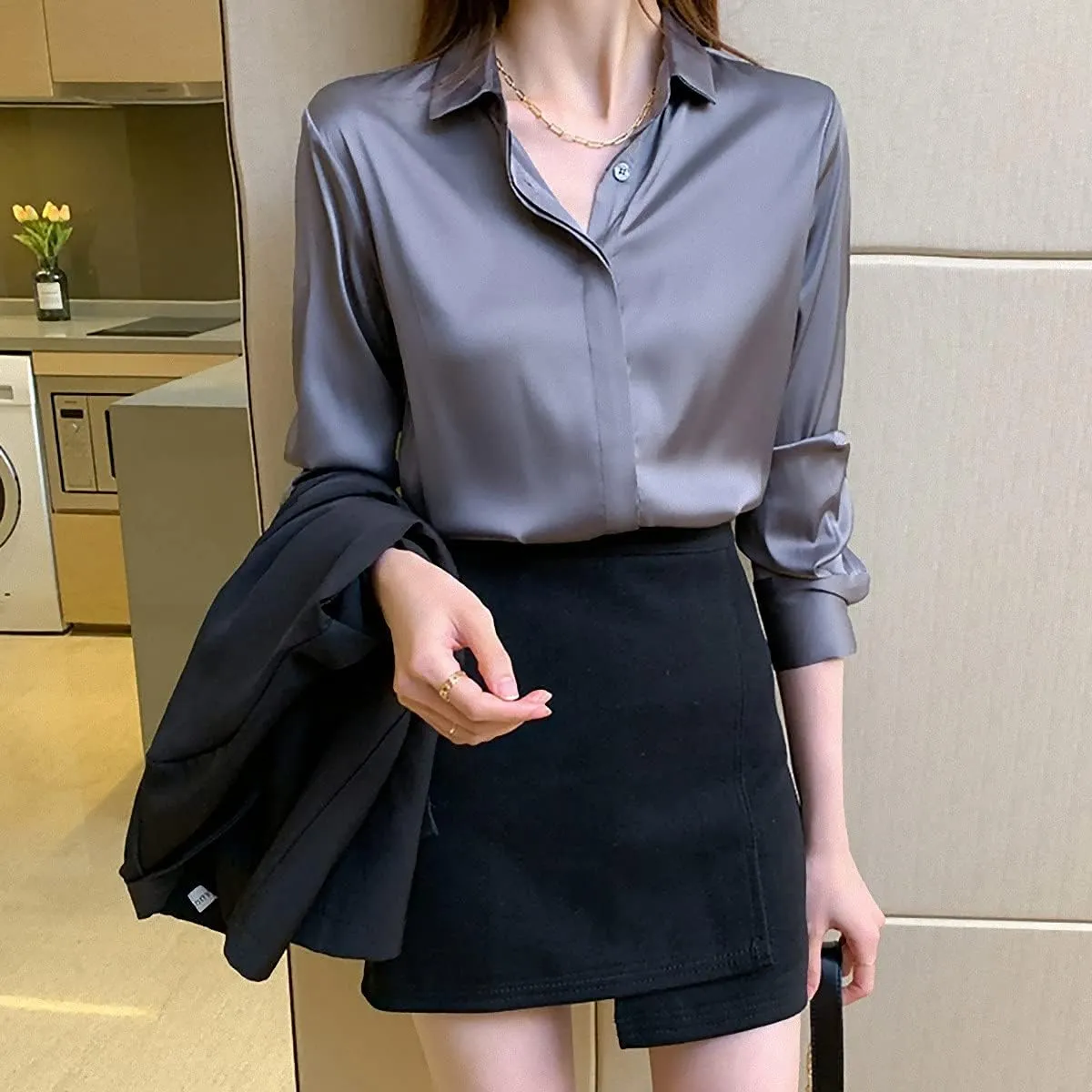 Women's Satin Blouse Fashion Long Sleeve Satin Silk Shirt Work Office Top Casual Shirt