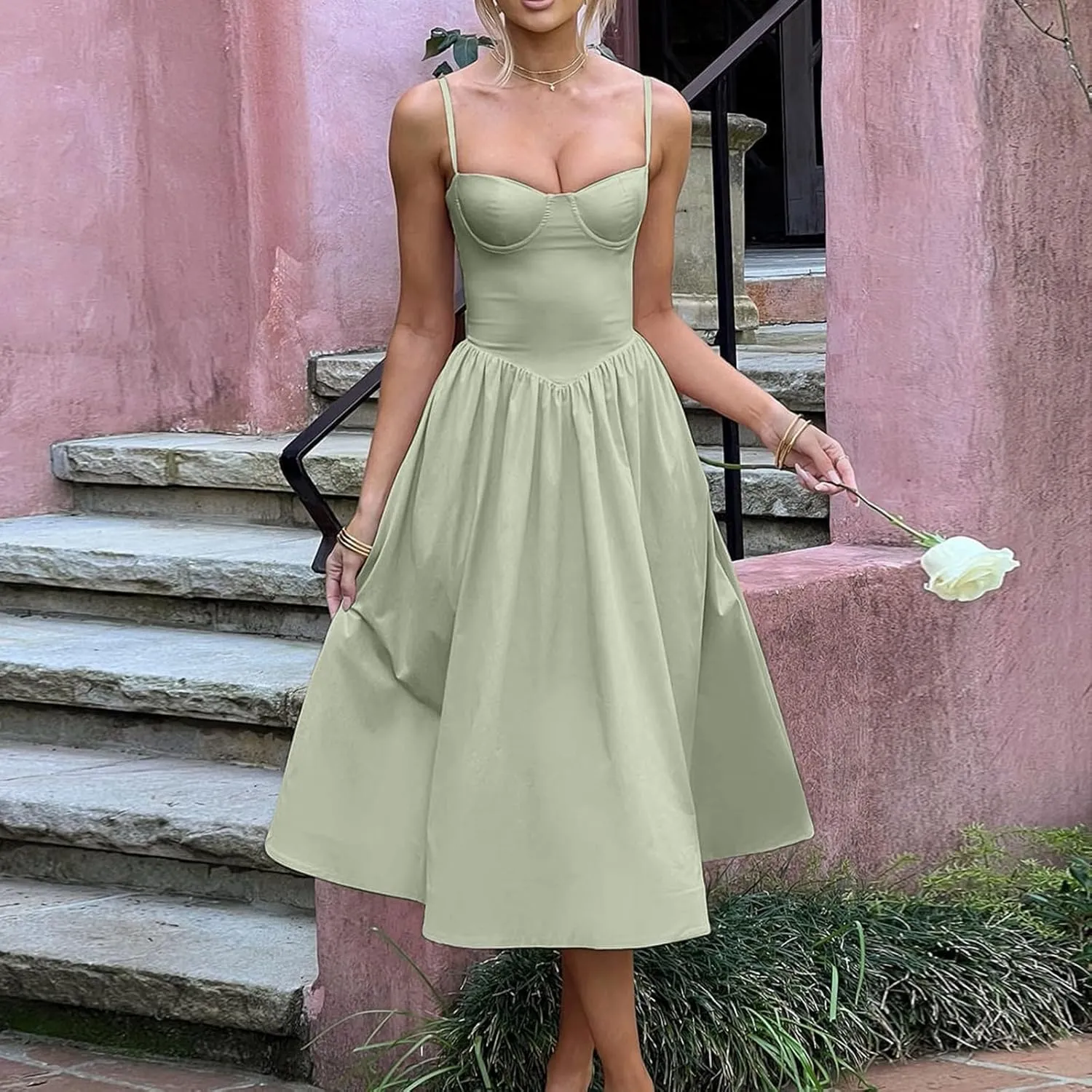 Women's Summer Corset Midi Dress 2025 Summer Spaghetti Strap Low Cut Bust Dress Beach Party Maxi Dresses