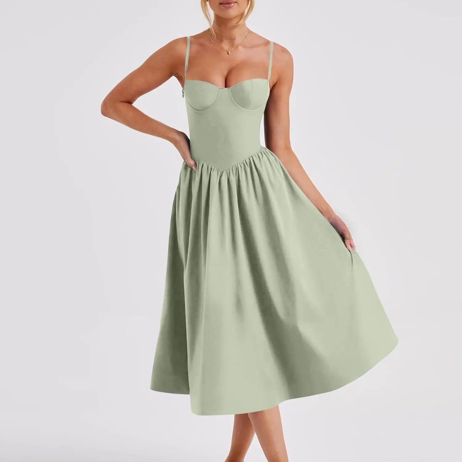 Women's Summer Corset Midi Dress 2025 Summer Spaghetti Strap Low Cut Bust Dress Beach Party Maxi Dresses