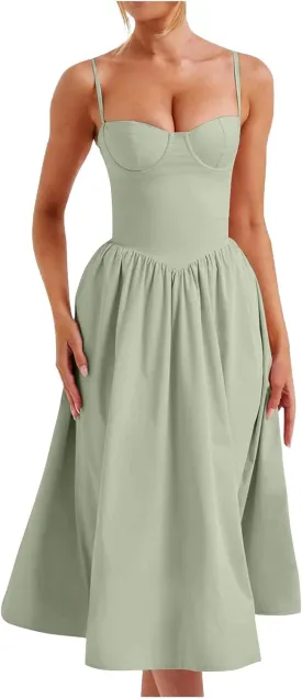 Women's Summer Corset Midi Dress 2025 Summer Spaghetti Strap Low Cut Bust Dress Beach Party Maxi Dresses