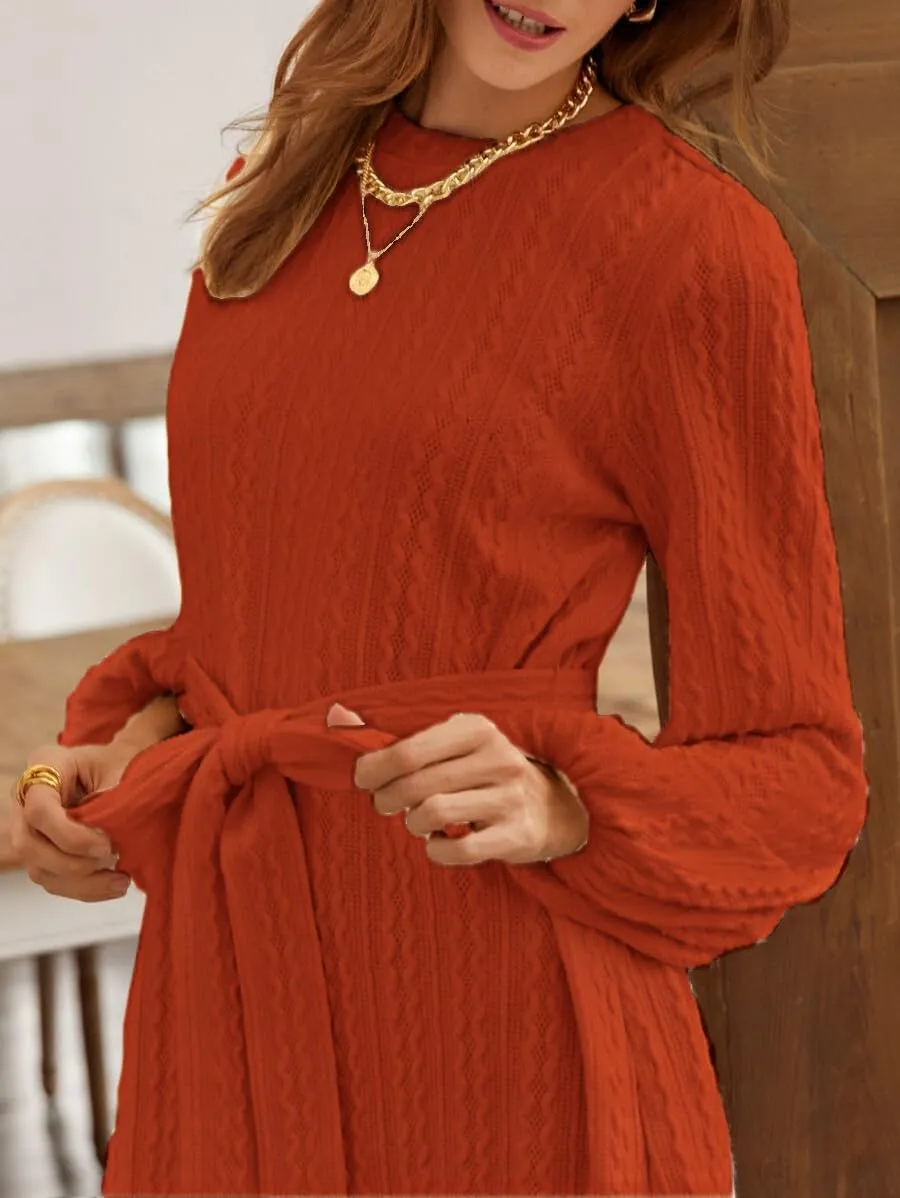 Women's Winter Sweater Dress Long Sleeve Cable Knit Belted Dress Loose Mini Tunic Pullover Sweater Dress