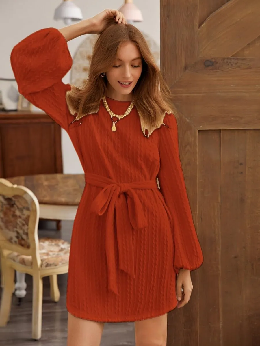 Women's Winter Sweater Dress Long Sleeve Cable Knit Belted Dress Loose Mini Tunic Pullover Sweater Dress