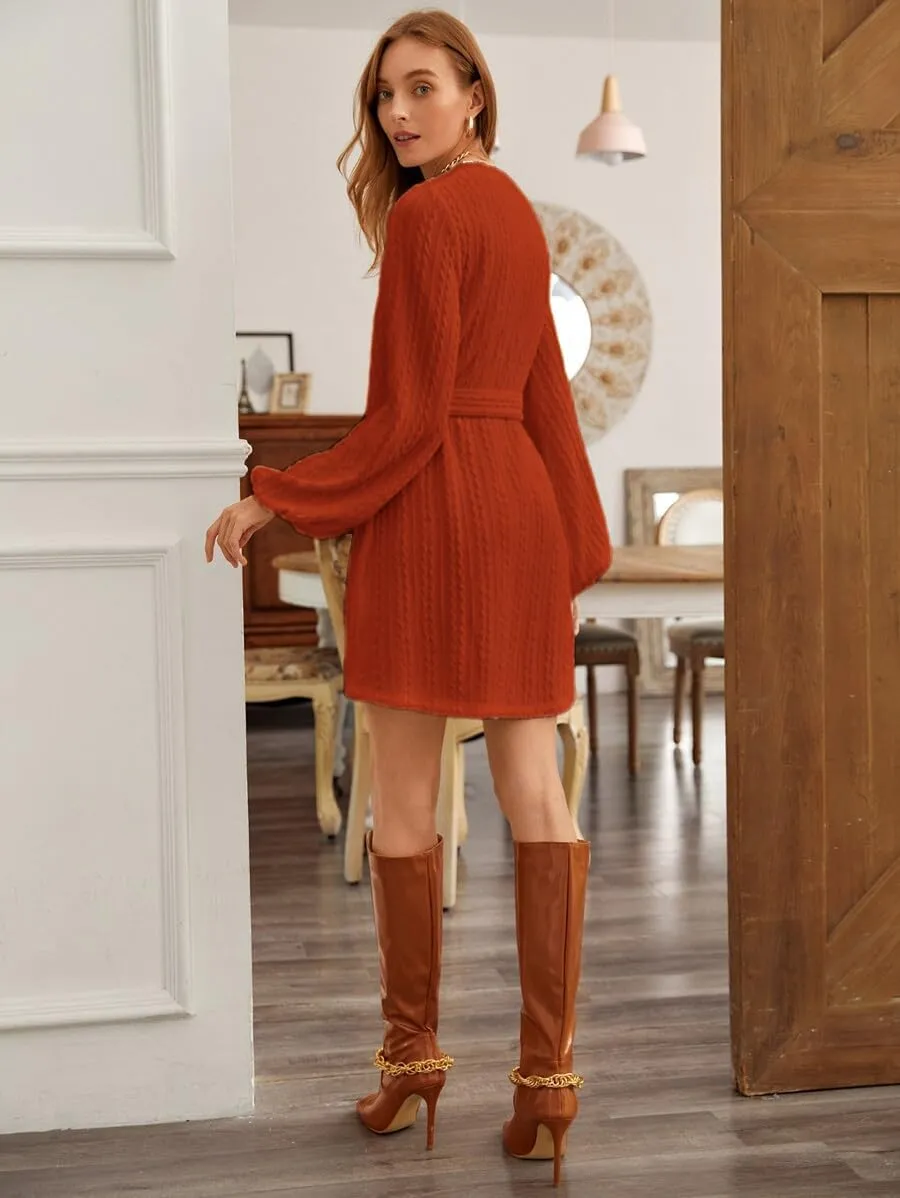 Women's Winter Sweater Dress Long Sleeve Cable Knit Belted Dress Loose Mini Tunic Pullover Sweater Dress