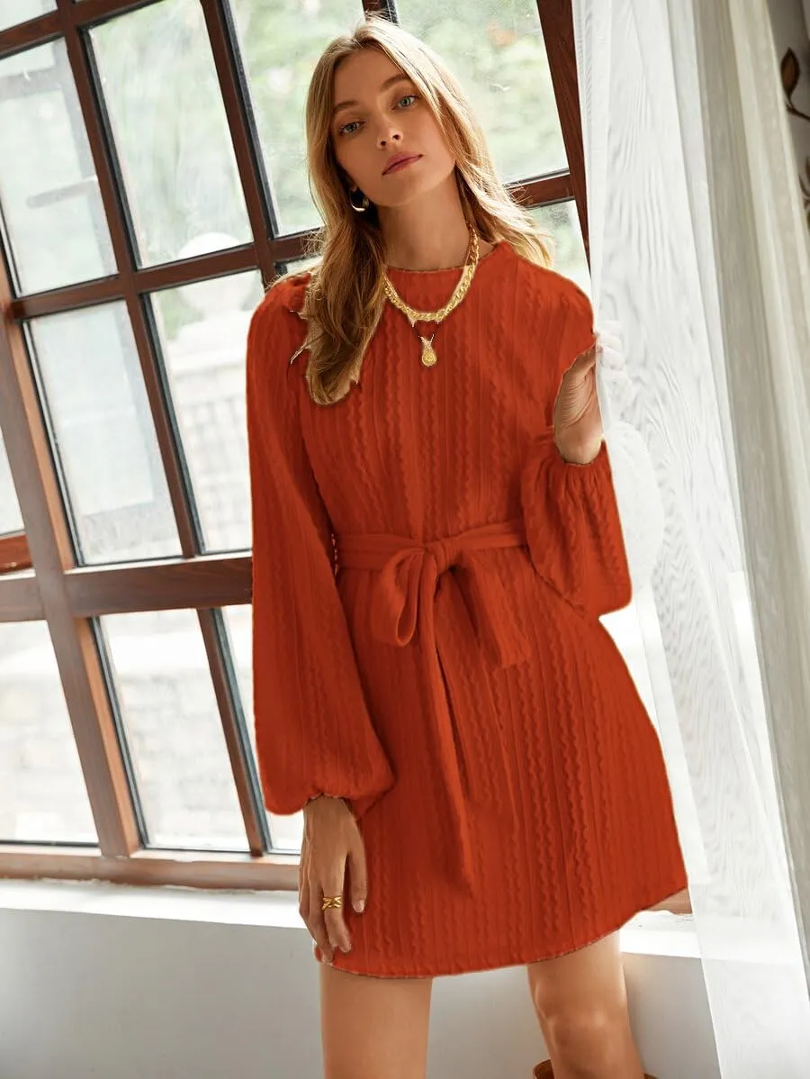 Women's Winter Sweater Dress Long Sleeve Cable Knit Belted Dress Loose Mini Tunic Pullover Sweater Dress