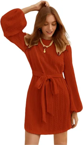 Women's Winter Sweater Dress Long Sleeve Cable Knit Belted Dress Loose Mini Tunic Pullover Sweater Dress