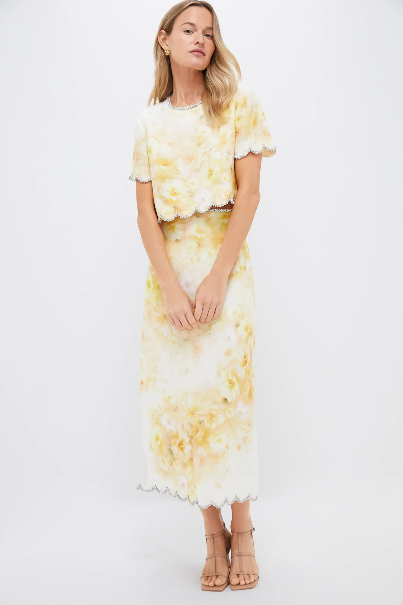 Yellow Floral Crush Scalloped Midi Skirt