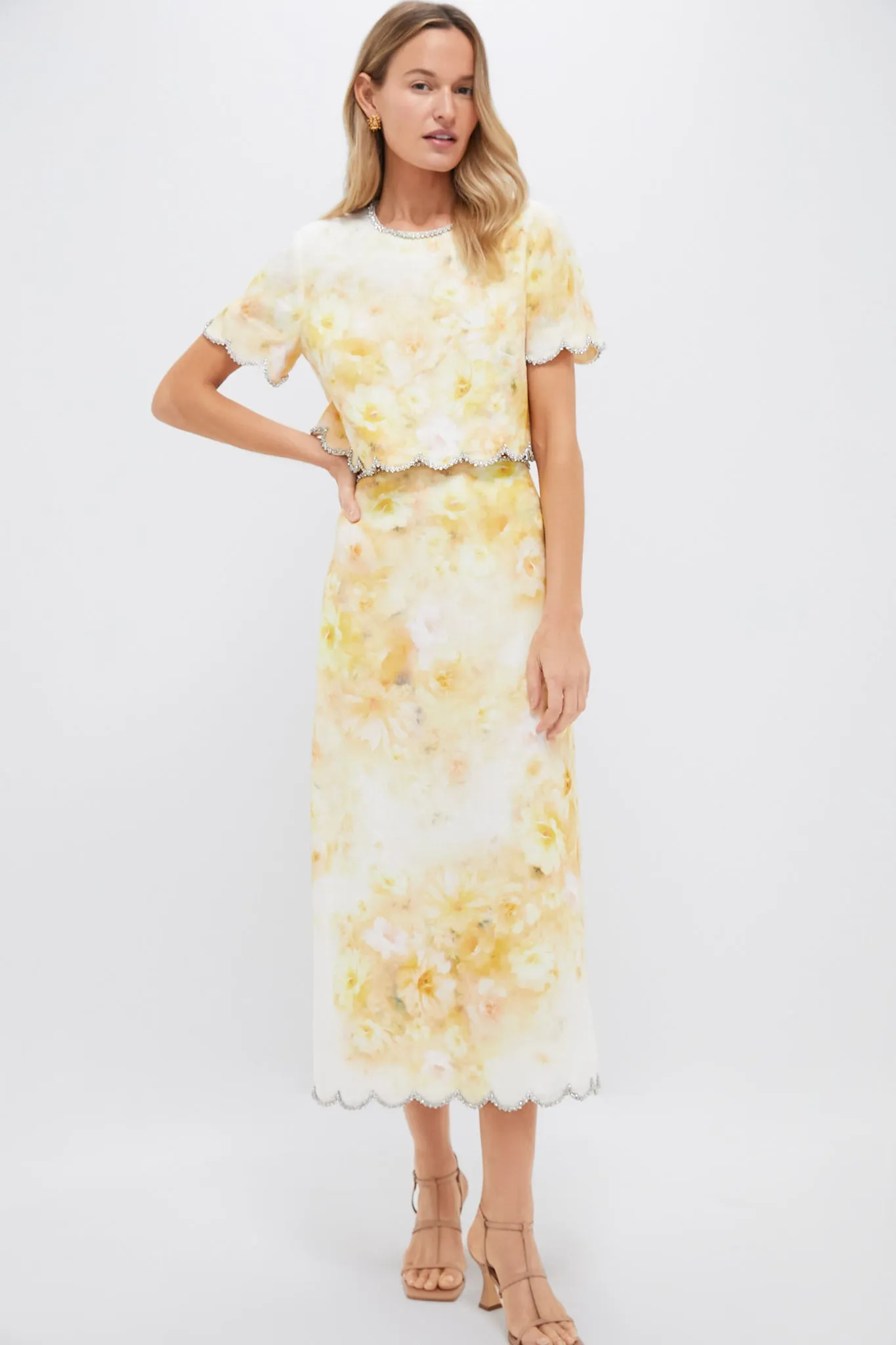 Yellow Floral Crush Scalloped Midi Skirt