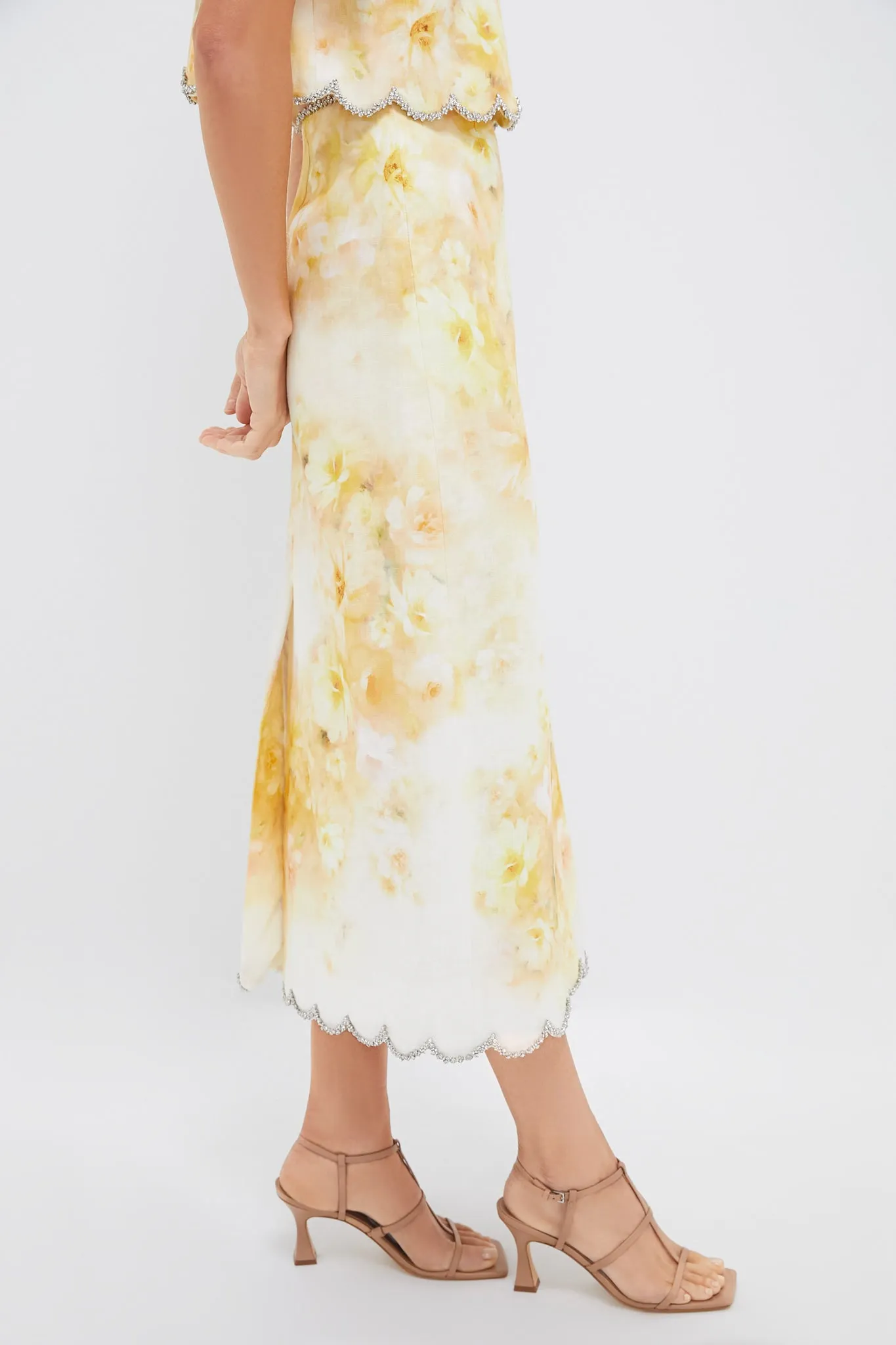 Yellow Floral Crush Scalloped Midi Skirt