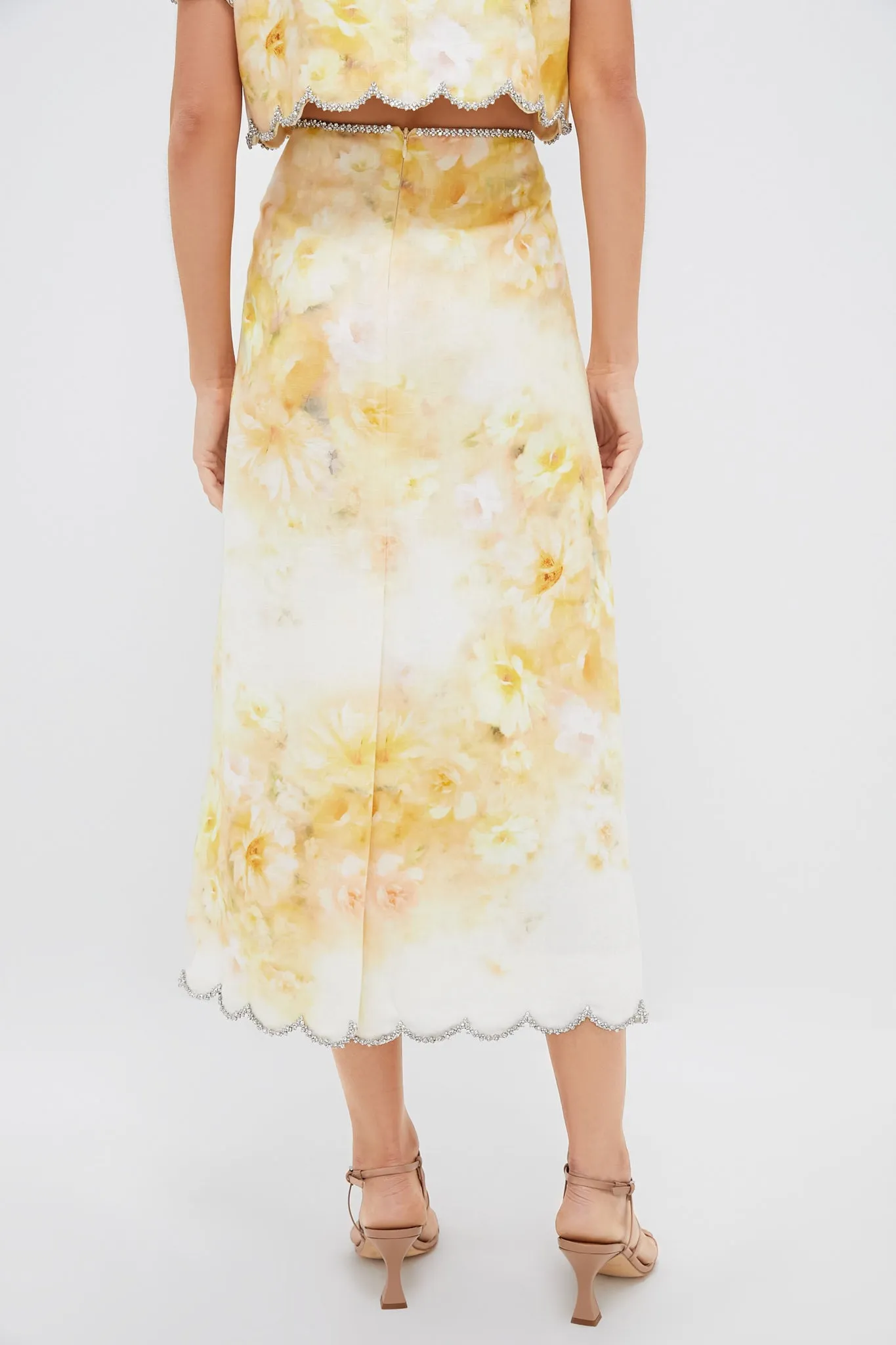 Yellow Floral Crush Scalloped Midi Skirt